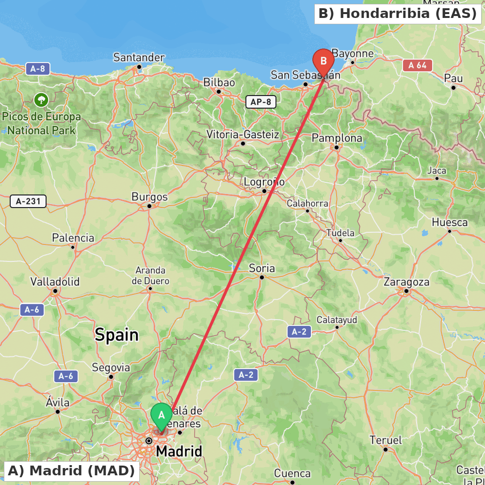 Flight route map from Madrid to Hondarribia