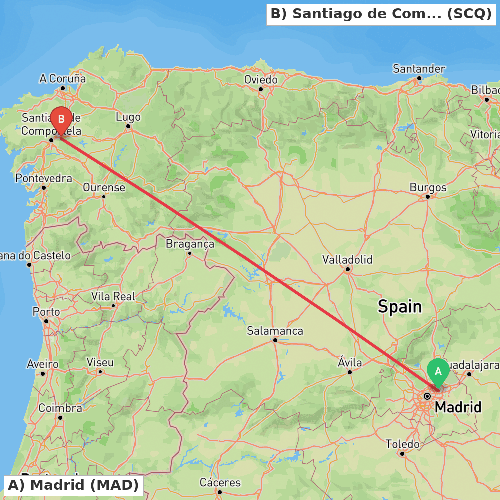 Flight route map from Madrid to Santiago de Compostela