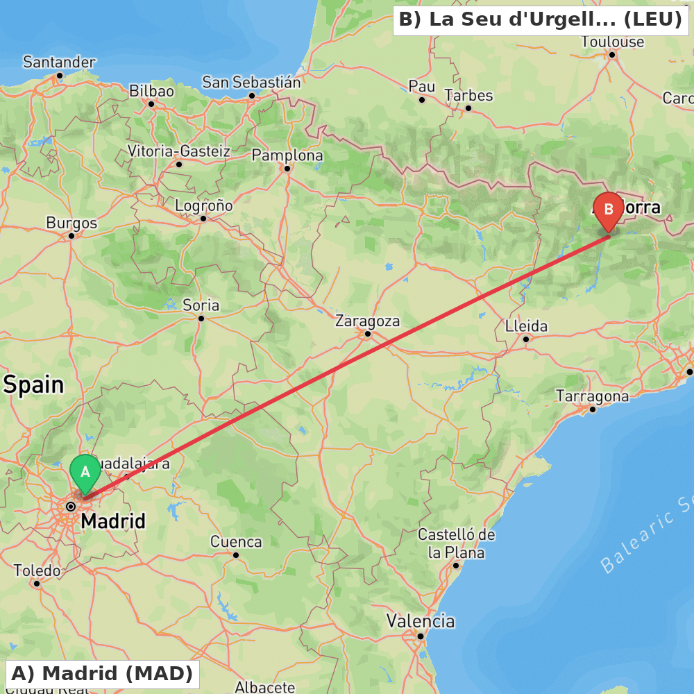 Flight route map from Madrid to La Seu d'Urgell Pyrenees and Andorra