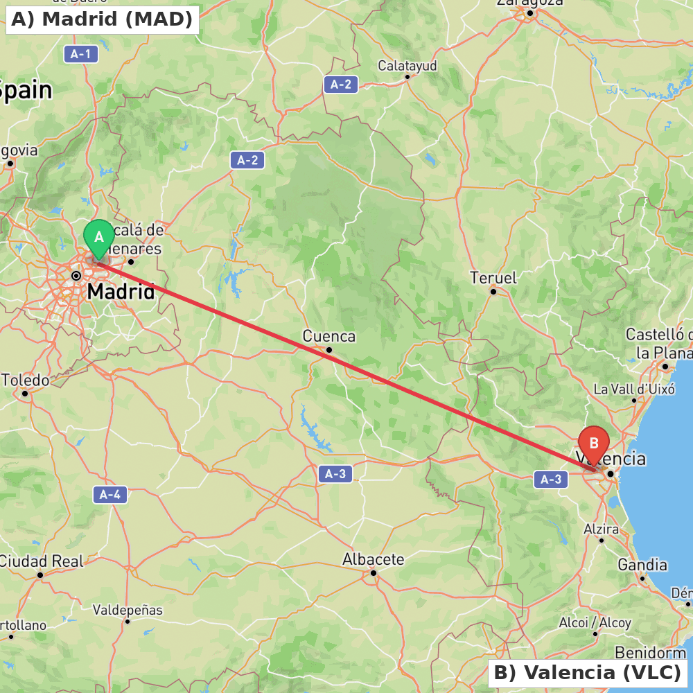 Flight route map from Madrid to Valencia