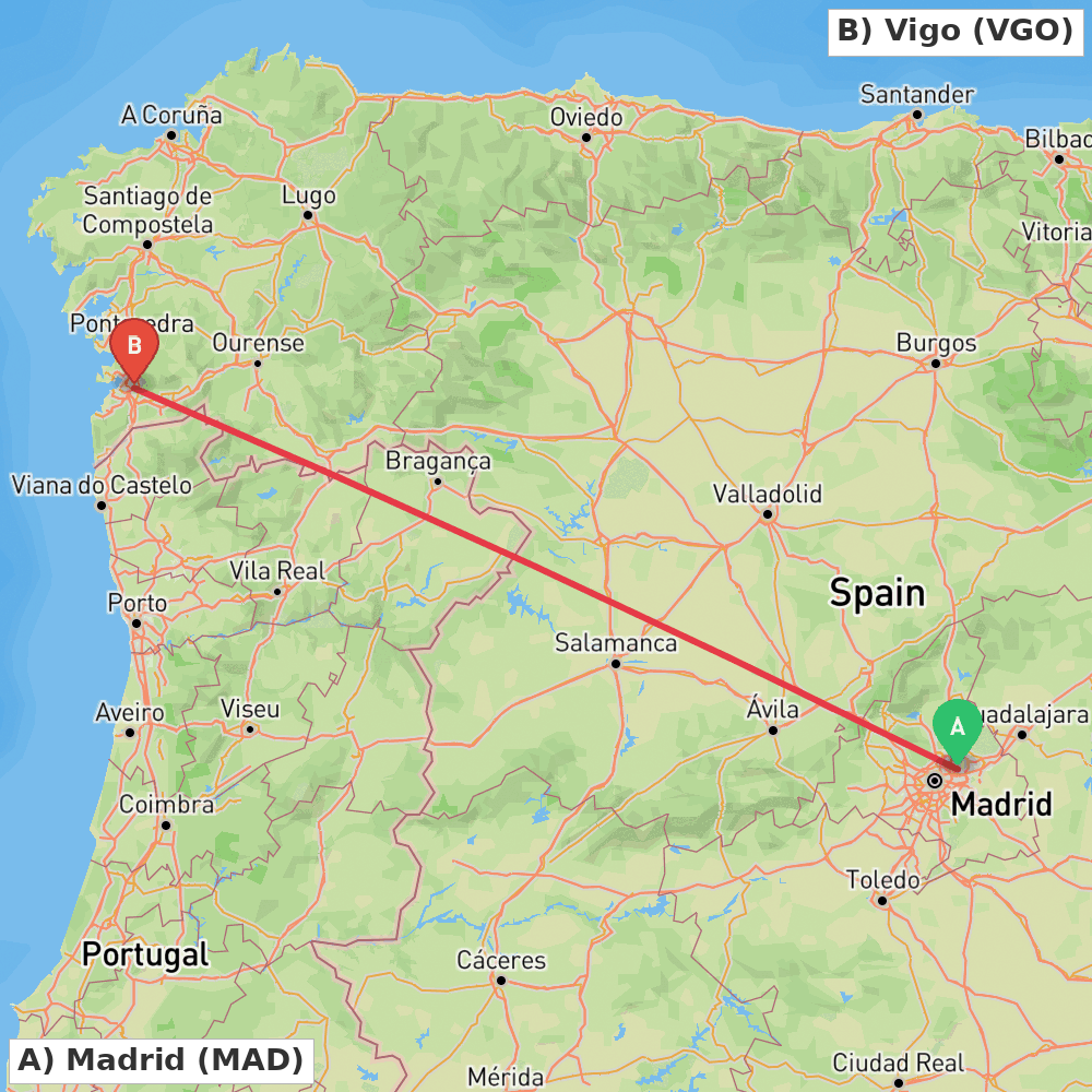 Flight route map from Madrid to Vigo