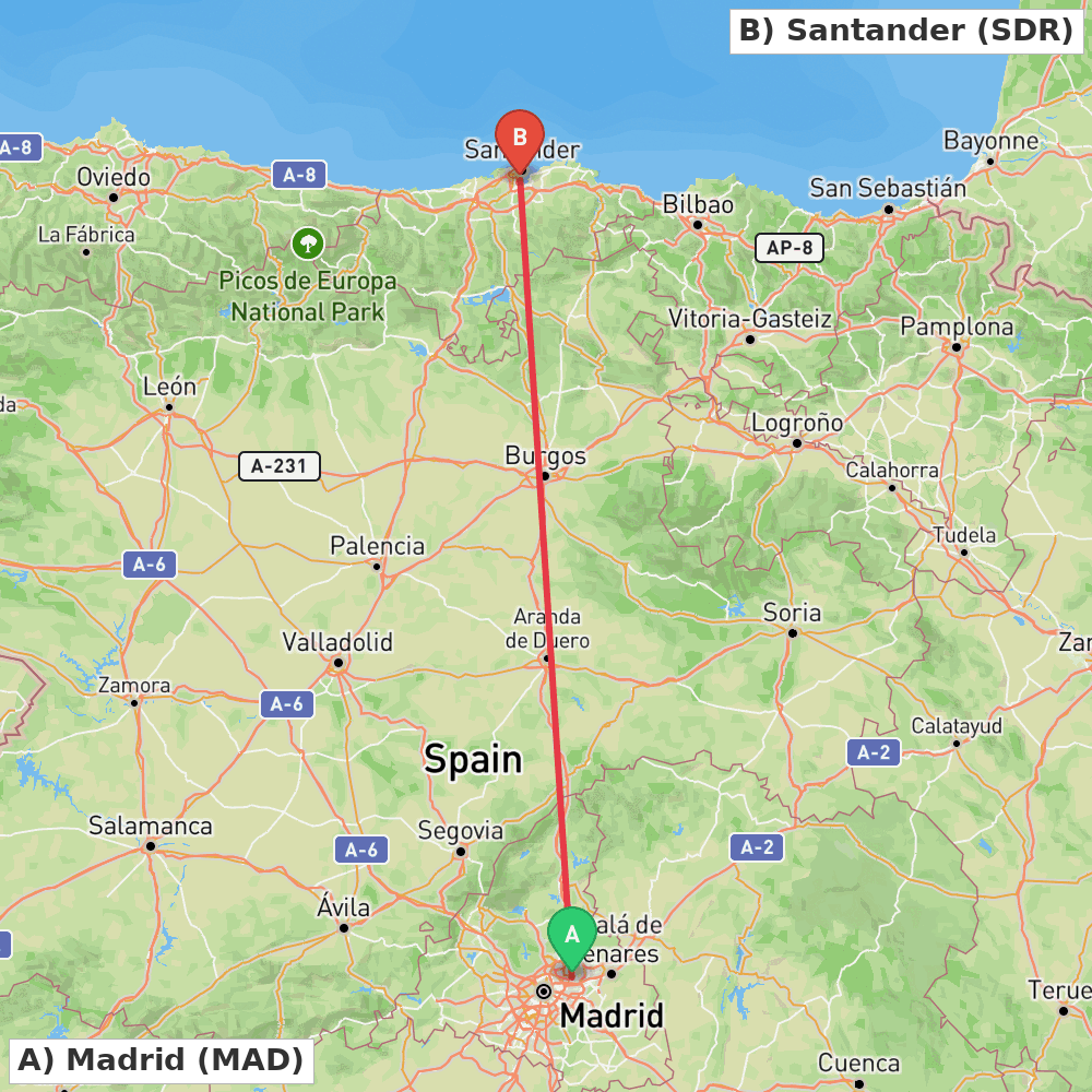 Flight route map from Madrid to Santander