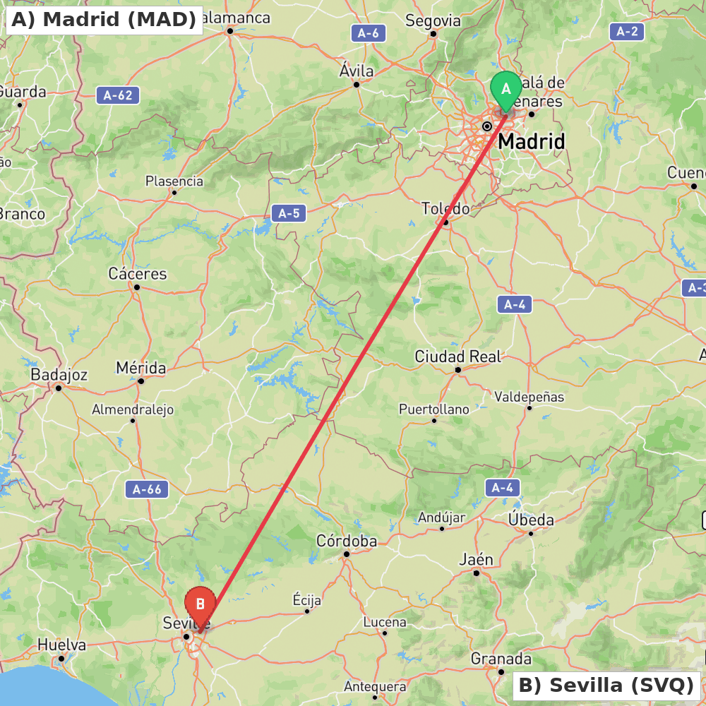 Flight route map from Madrid to Sevilla