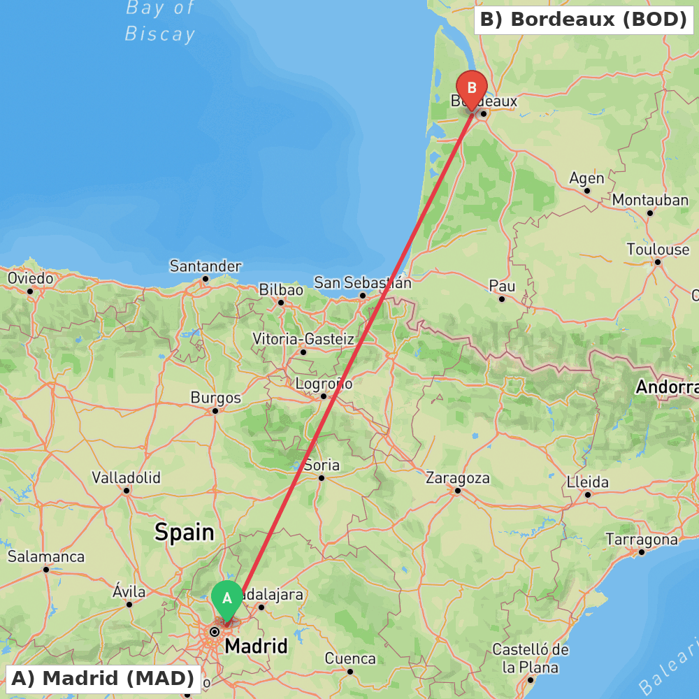Flight route map from Madrid to Bordeaux