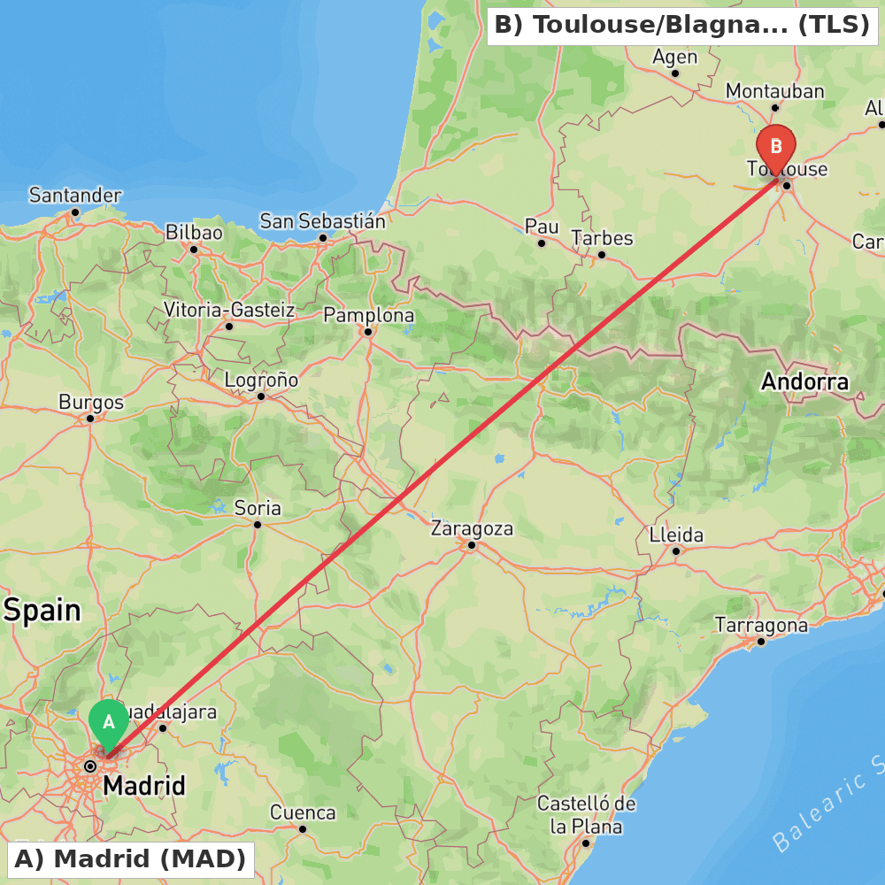 Flight route map from Madrid to Toulouse/Blagnac