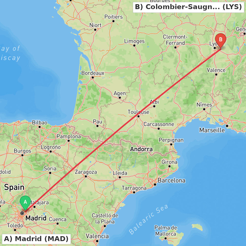 Flight route map from Madrid to Colombier-Saugnieu, Rhône