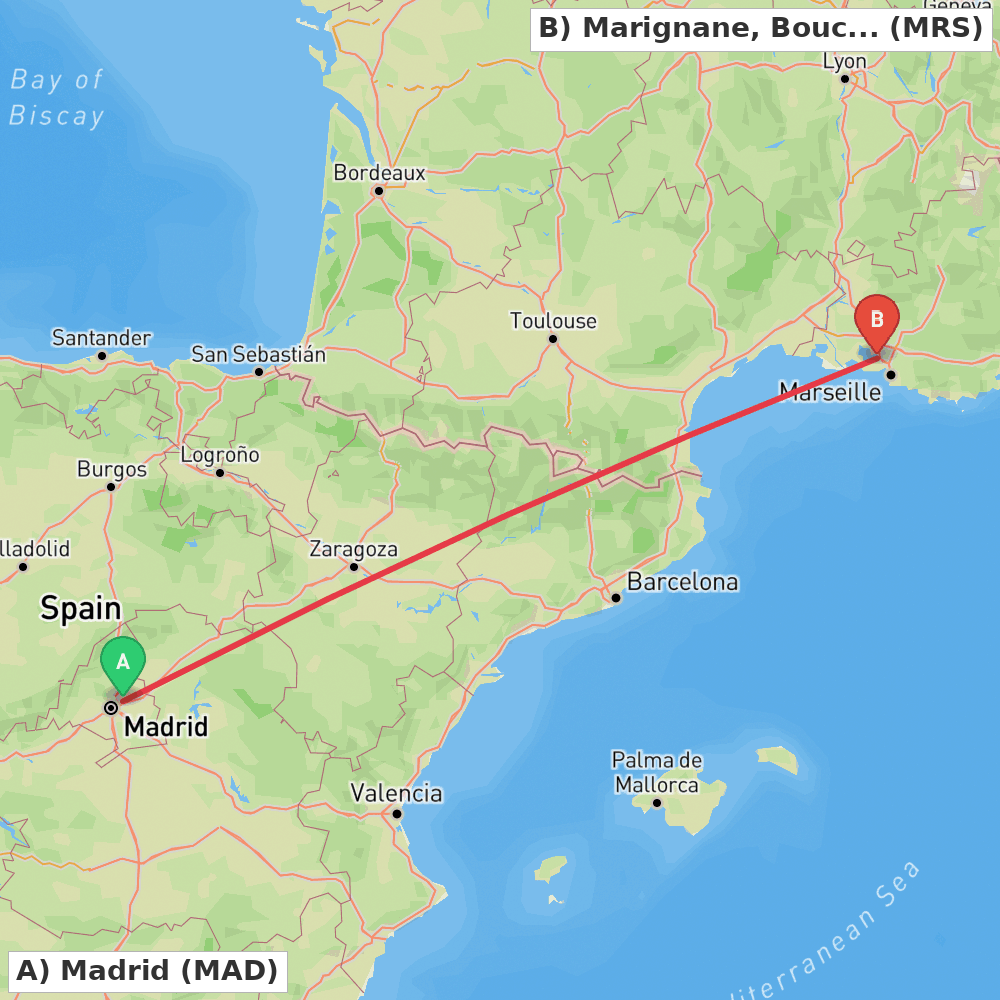 Flight route map from Madrid to Marignane, Bouches-du-Rhône