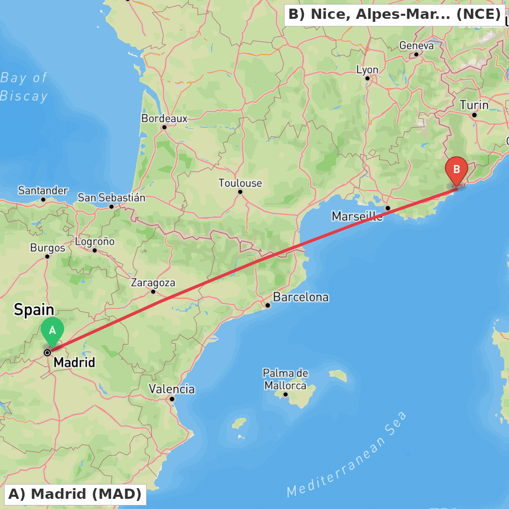 Flight route map from Madrid to Nice, Alpes-Maritimes
