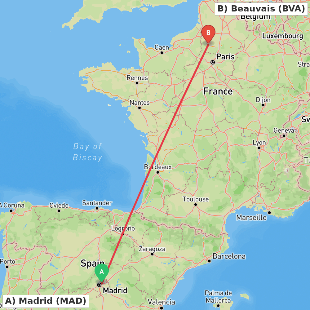 Flight route map from Madrid to Beauvais