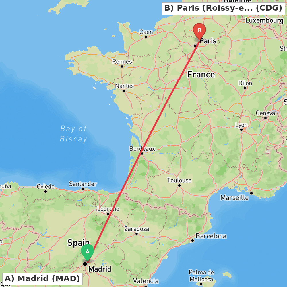 Flight route map from Madrid to Paris (Roissy-en-France, Val-d'Oise)