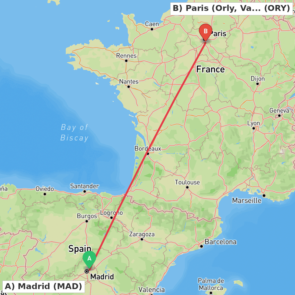 Flight route map from Madrid to Paris (Orly, Val-de-Marne)