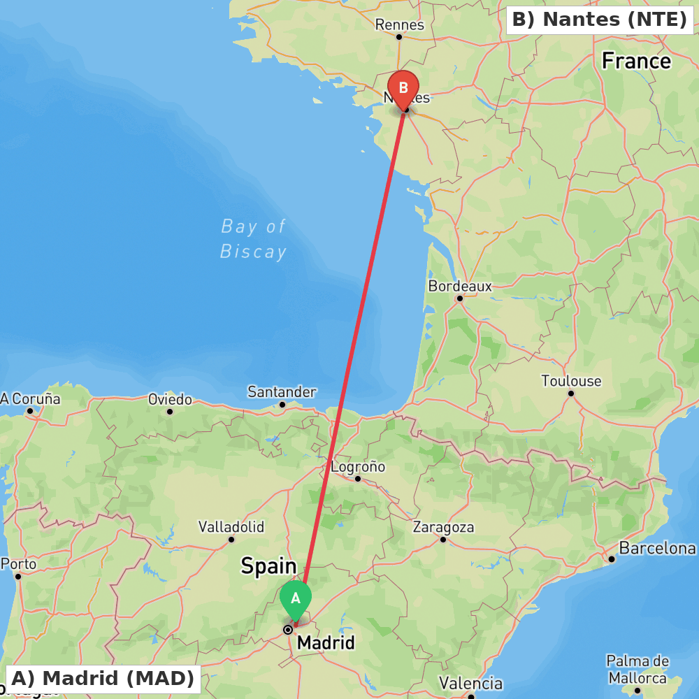 Flight route map from Madrid to Nantes