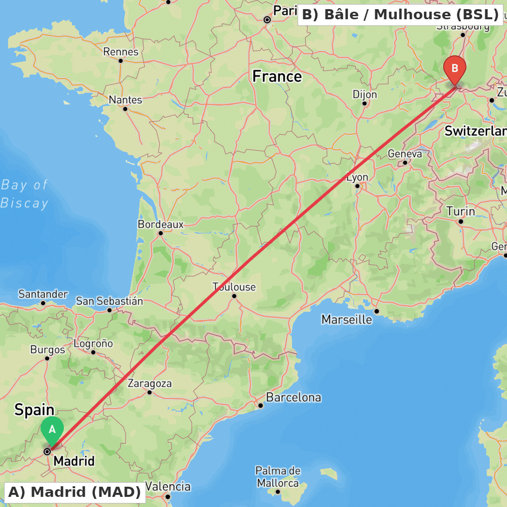 Flight route map from Madrid to Bâle / Mulhouse