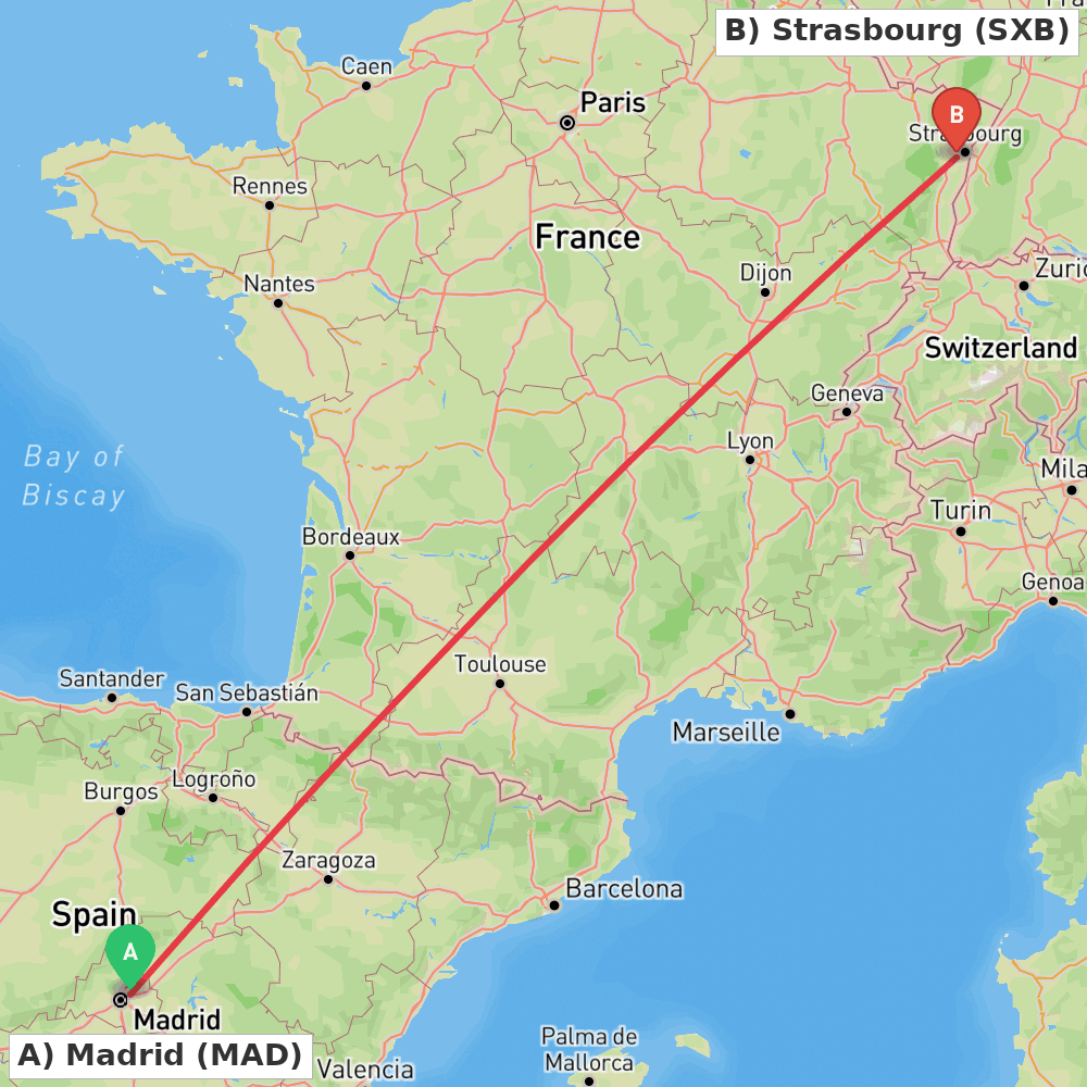Flight route map from Madrid to Strasbourg
