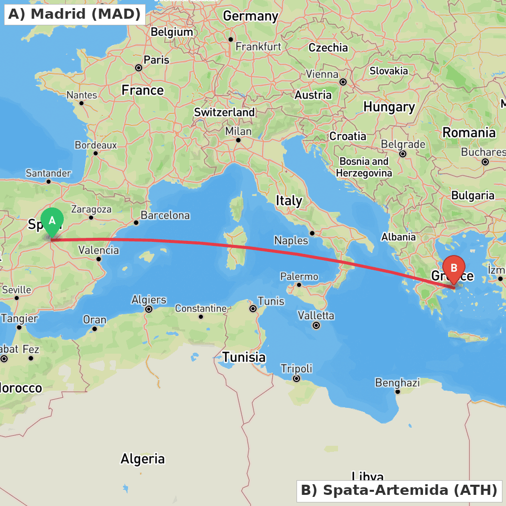 Flight route map from Madrid to Spata-Artemida