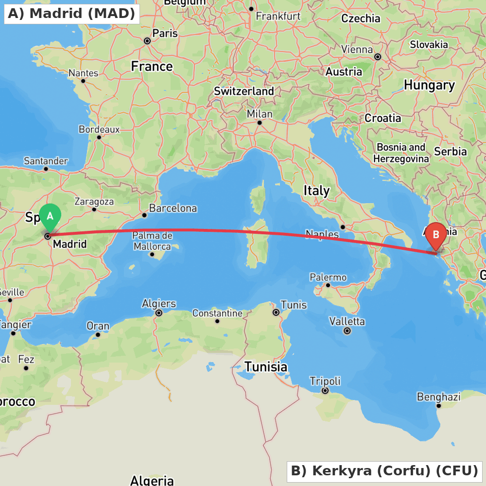 Flight route map from Madrid to Kerkyra (Corfu)