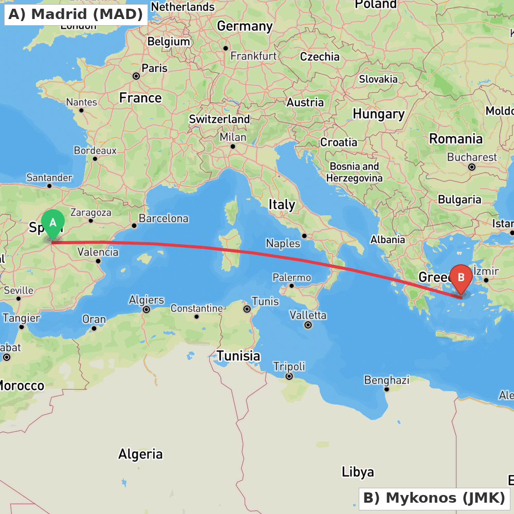 Flight route map from Madrid to Mykonos