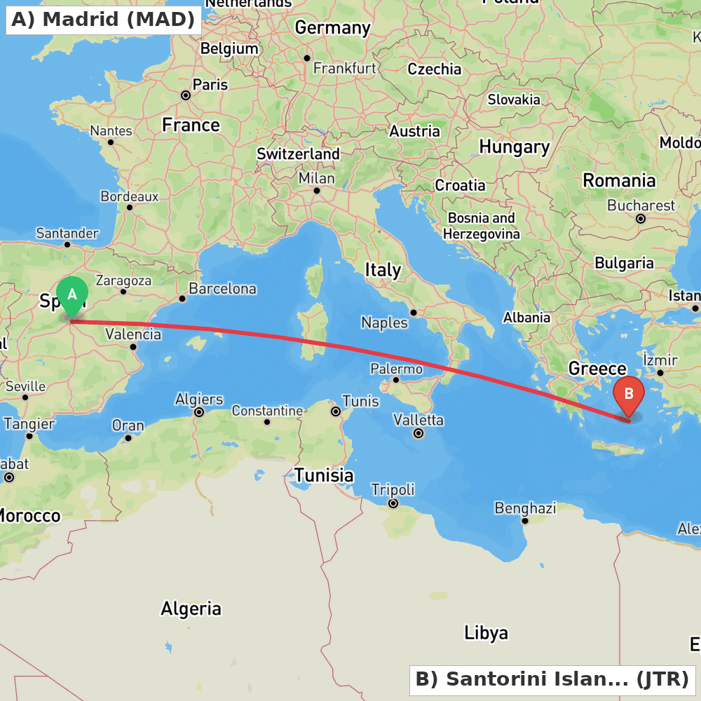 Flight route map from Madrid to Santorini Island