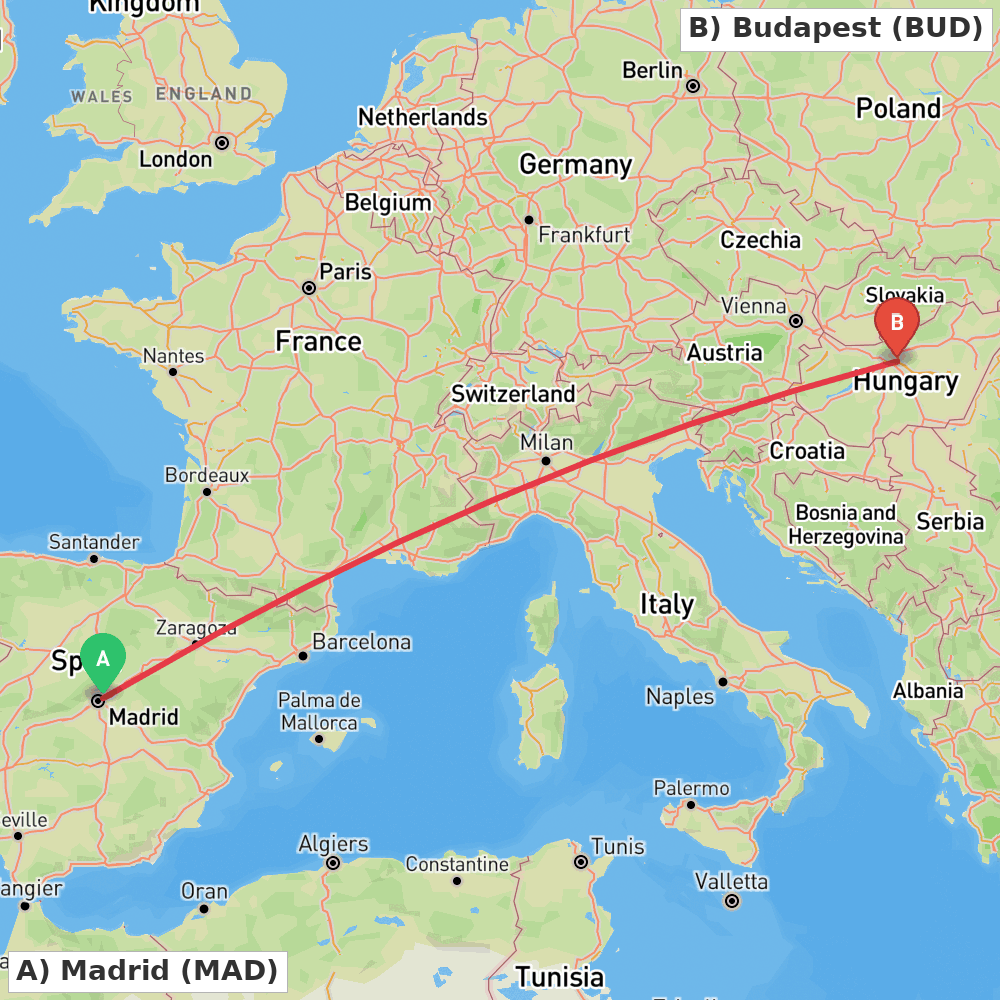Flight route map from Madrid to Budapest