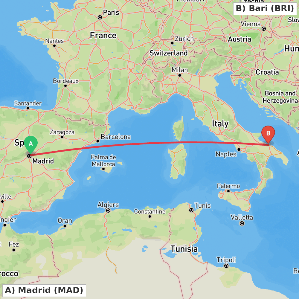 Flight route map from Madrid to Bari