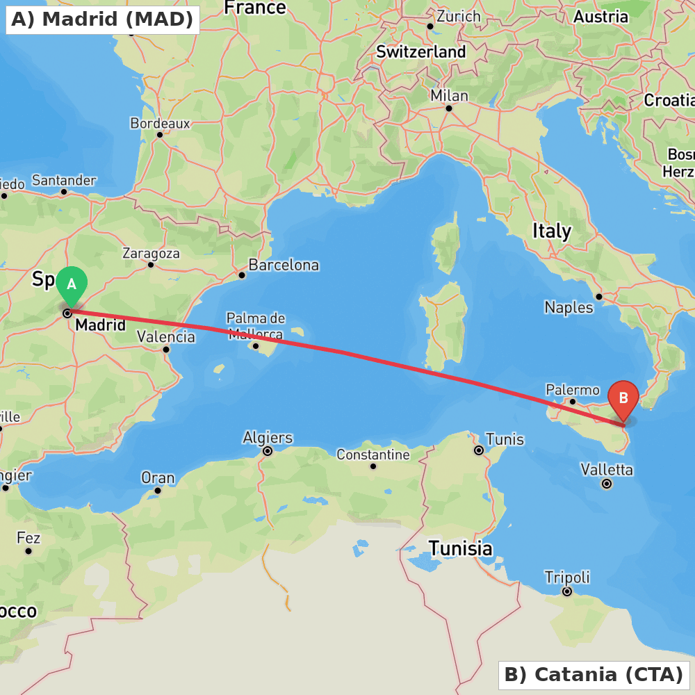 Flight route map from Madrid to Catania