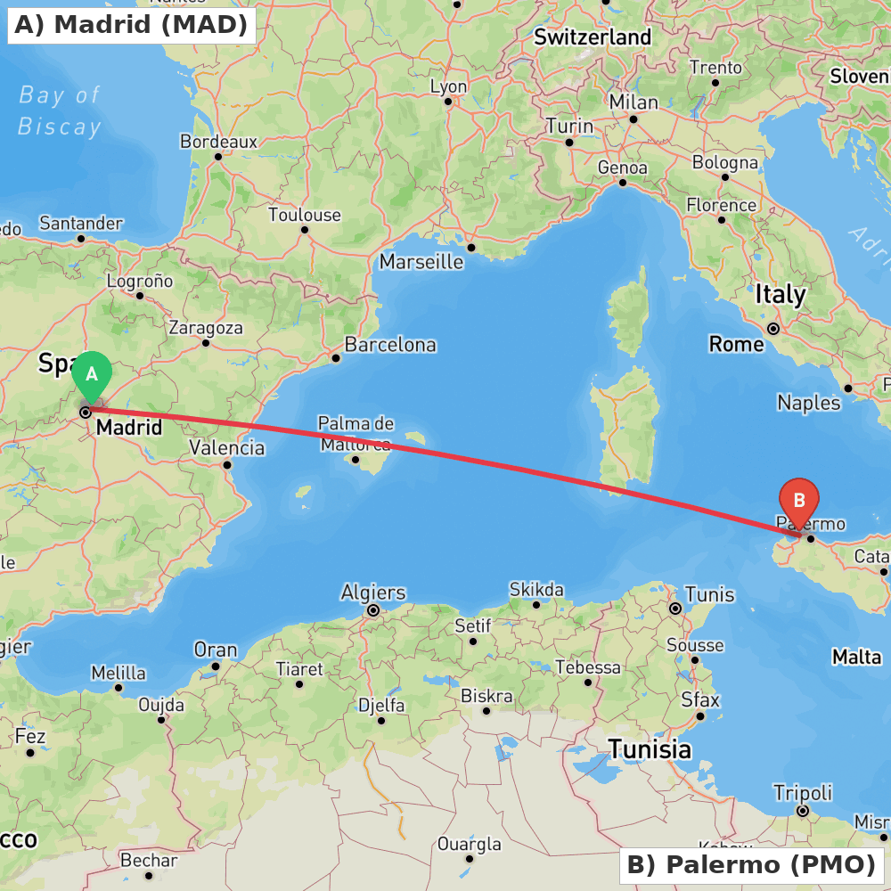 Flight route map from Madrid to Palermo