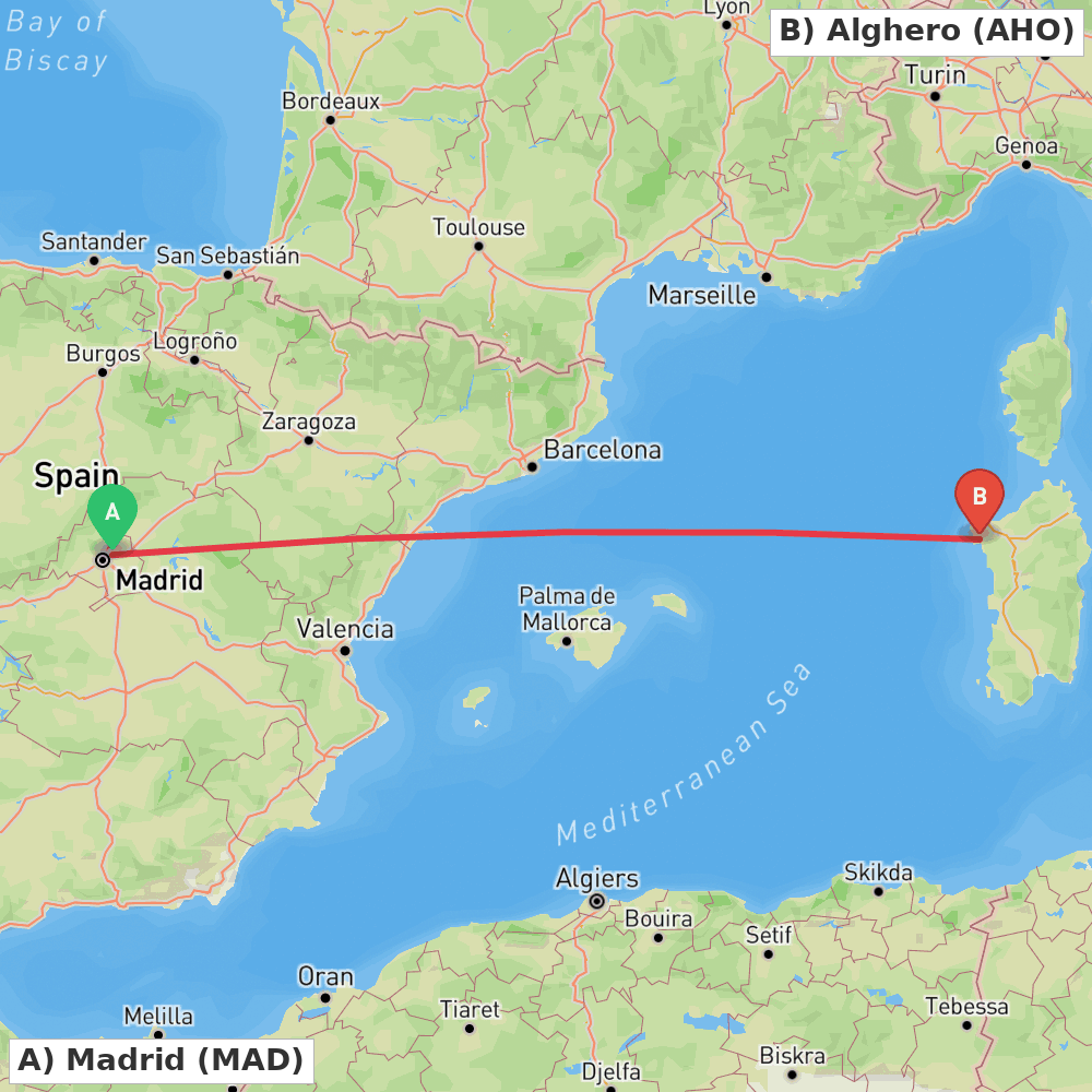 Flight route map from Madrid to Alghero