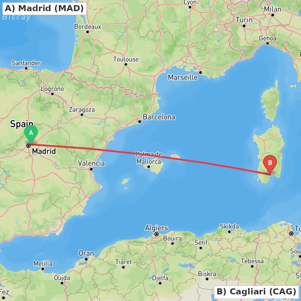 Flight route map from Madrid to Cagliari
