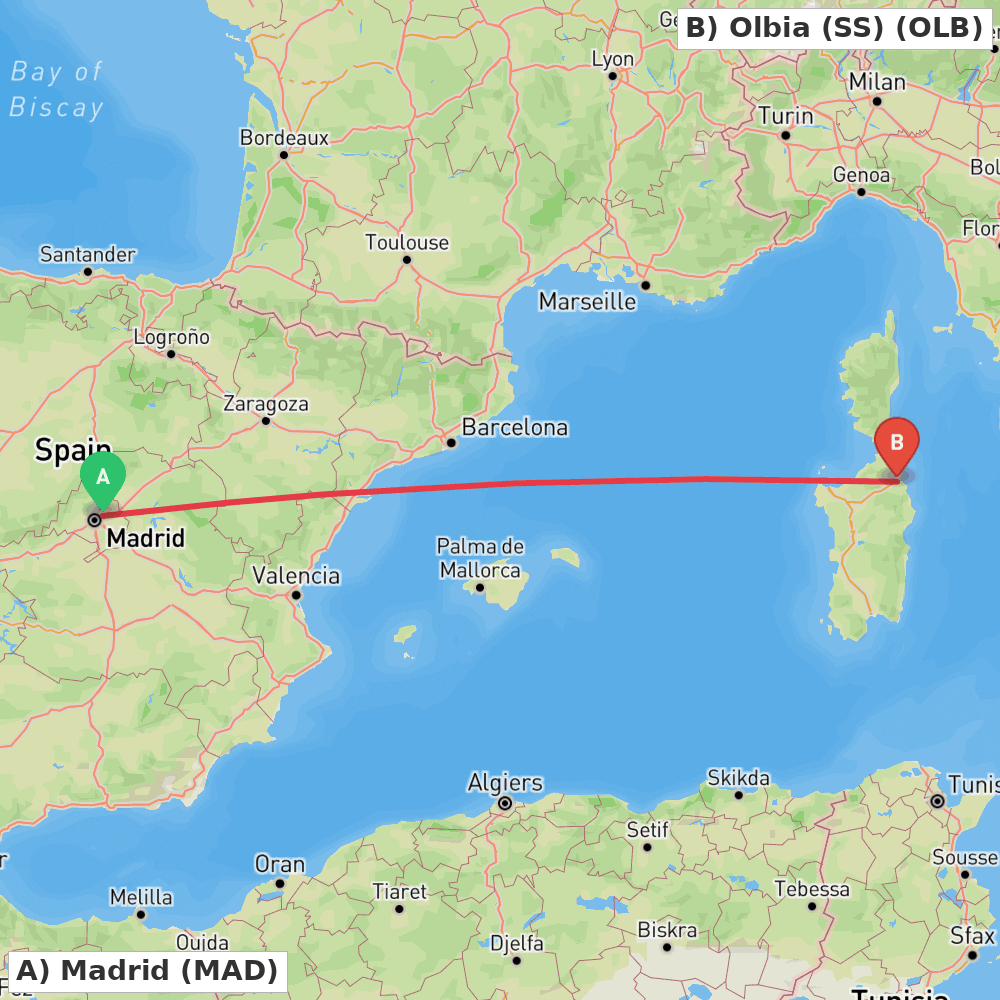 Flight route map from Madrid to Olbia (SS)