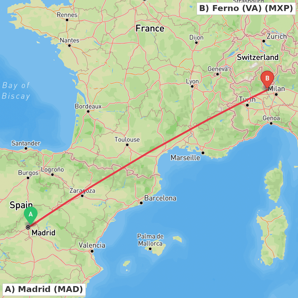 Flight route map from Madrid to Ferno (VA)