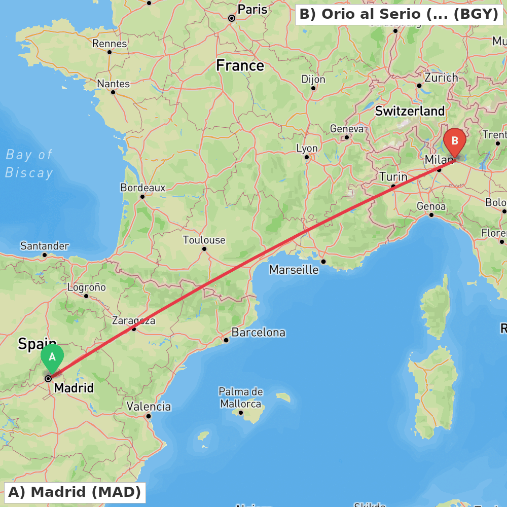 Flight route map from Madrid to Orio al Serio (BG)