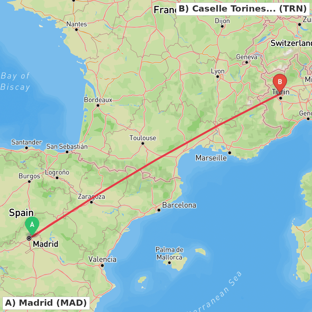 Flight route map from Madrid to Caselle Torinese (TO)
