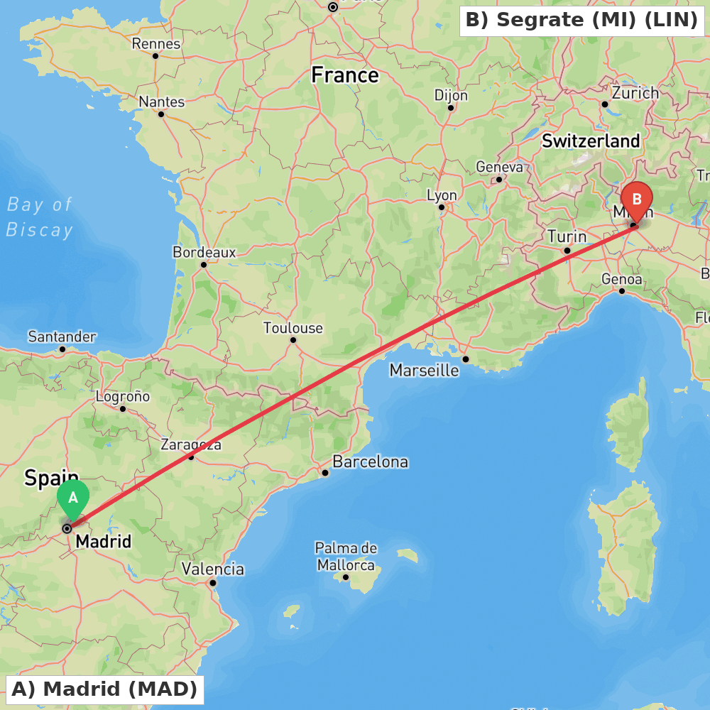 Flight route map from Madrid to Segrate (MI)