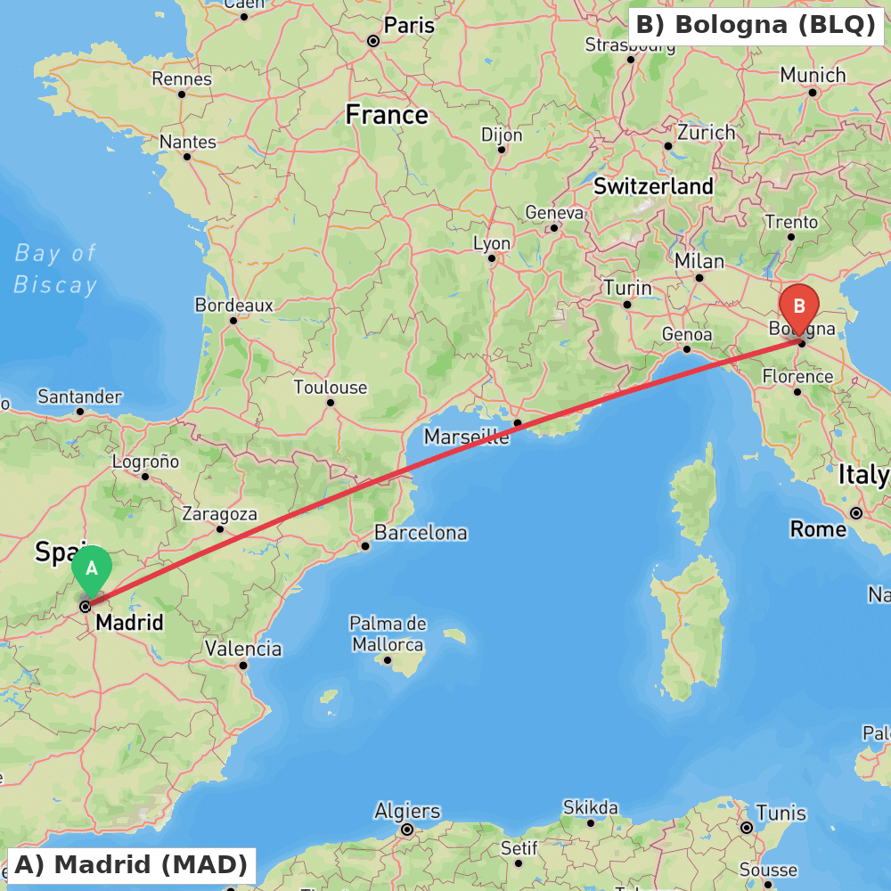 Flight route map from Madrid to Bologna