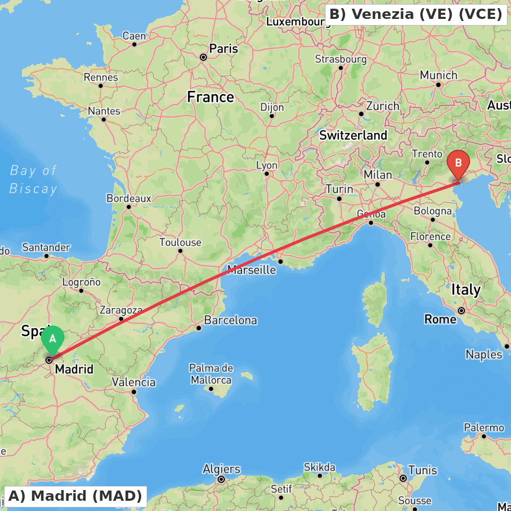 Flight route map from Madrid to Venezia (VE)