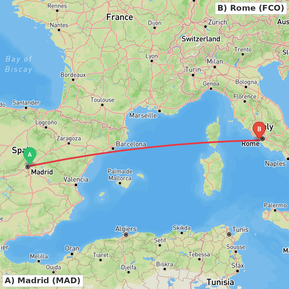 Flight route map from Madrid to Rome