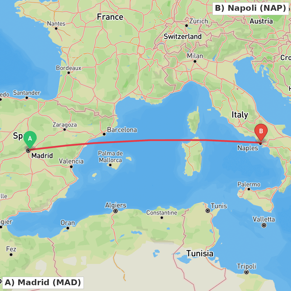Flight route map from Madrid to Napoli