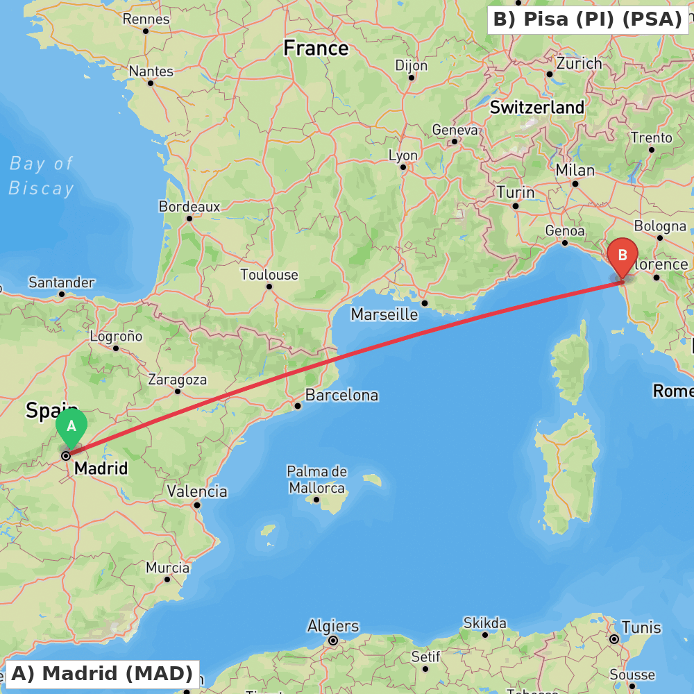 Flight route map from Madrid to Pisa (PI)