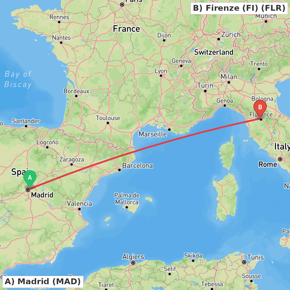 Flight route map from Madrid to Firenze (FI)