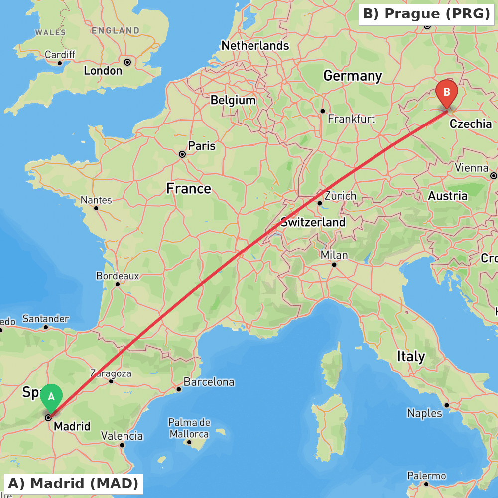 Flight route map from Madrid to Prague