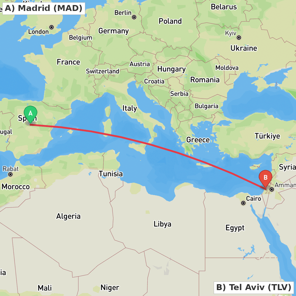 Flight route map from Madrid to Tel Aviv