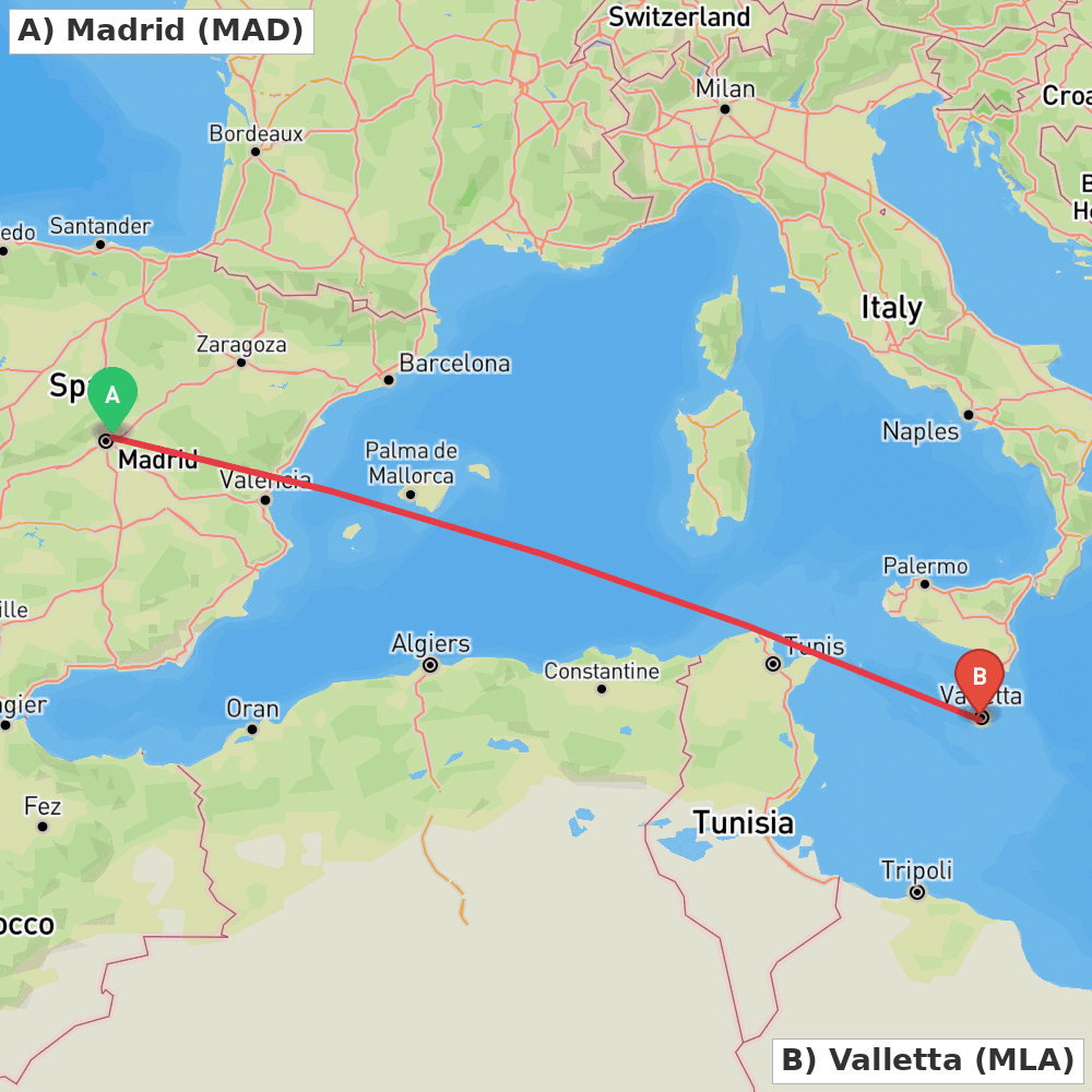 Flight route map from Madrid to Valletta