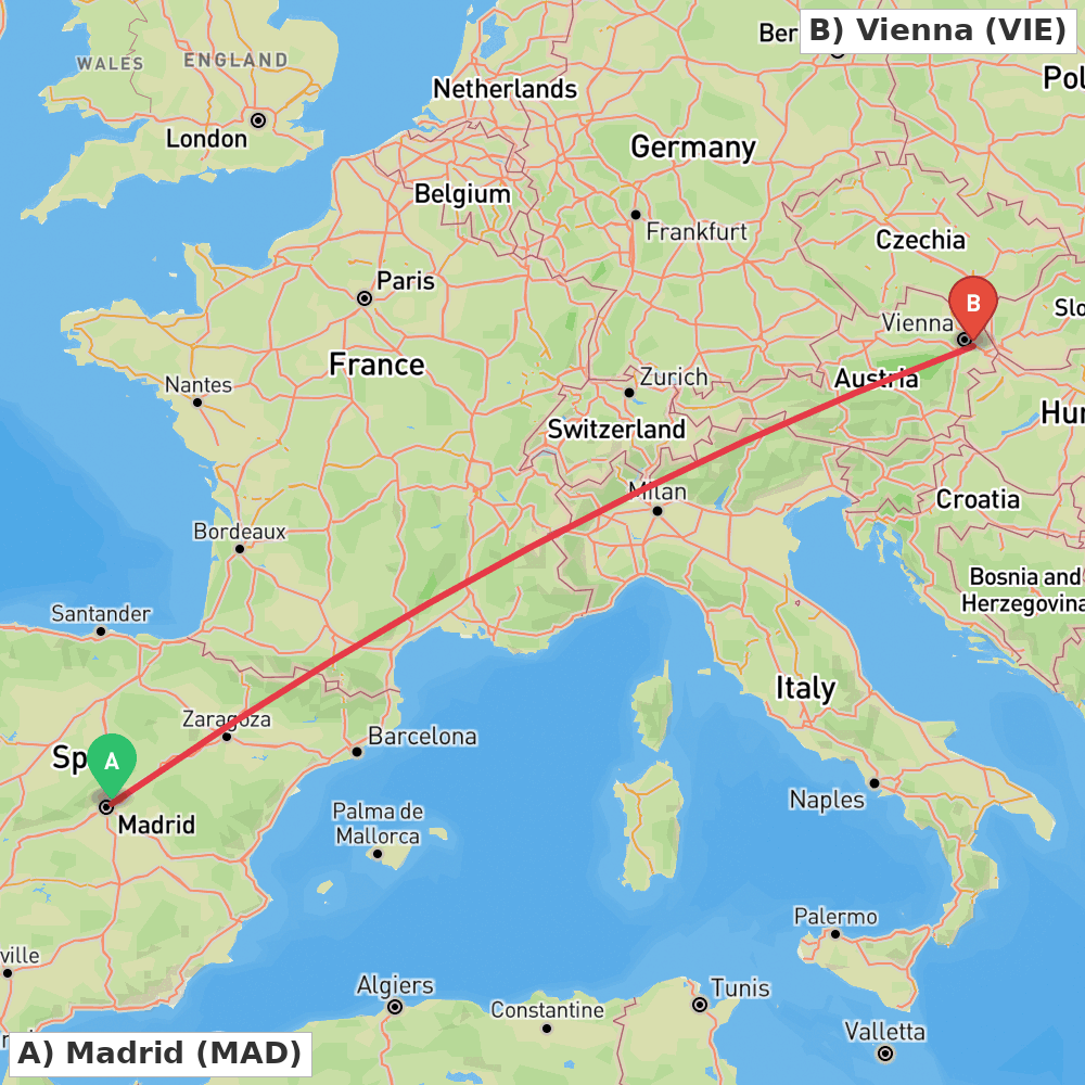 Flight route map from Madrid to Vienna