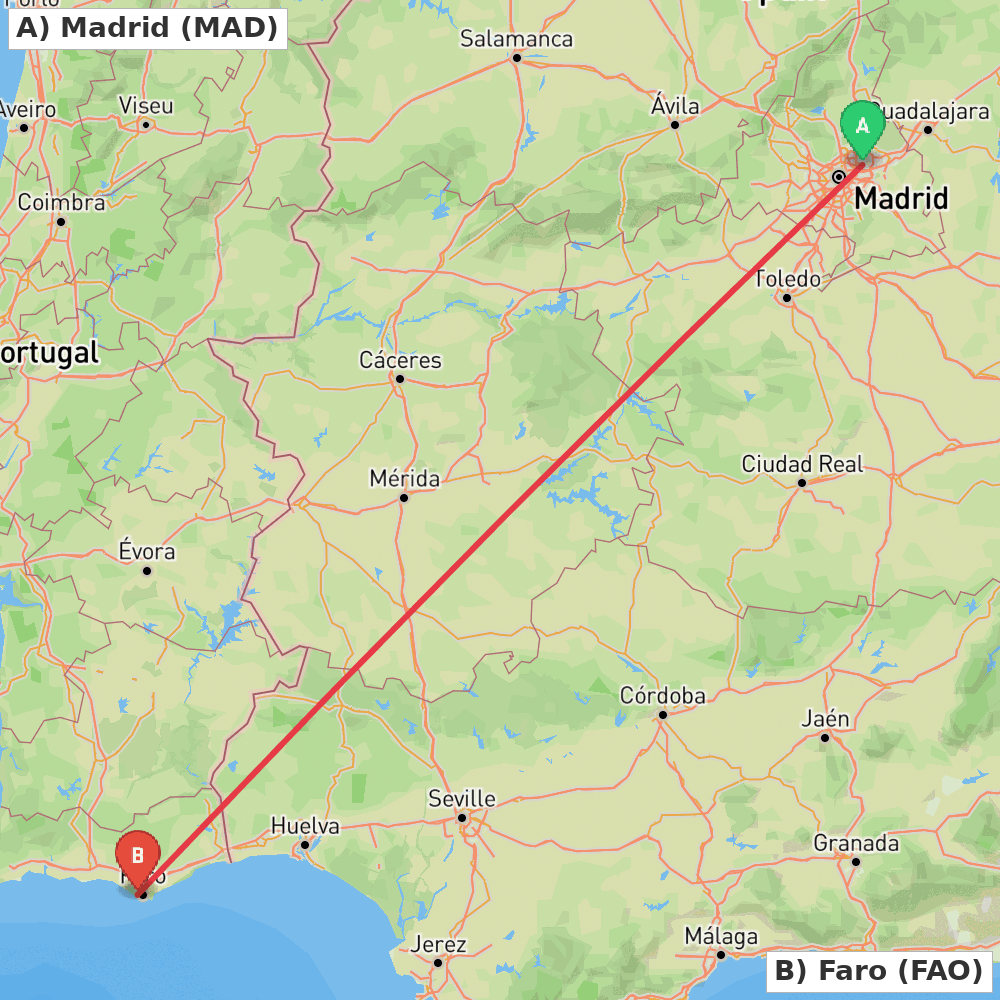 Flight route map from Madrid to Faro