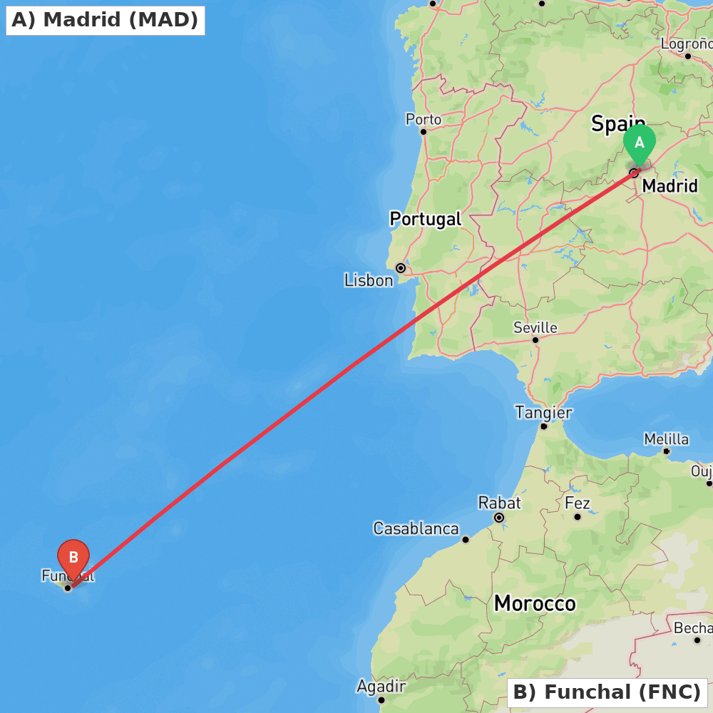 Flight route map from Madrid to Funchal