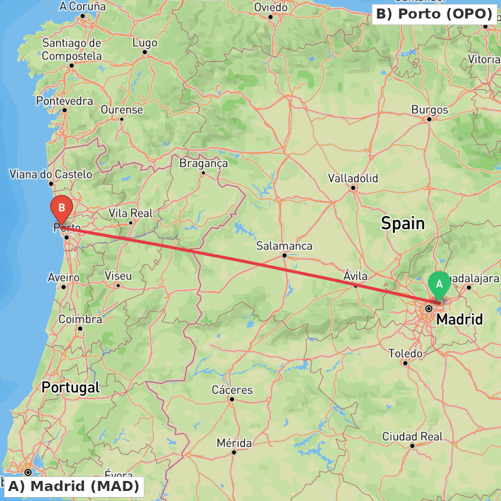 Flight route map from Madrid to Porto