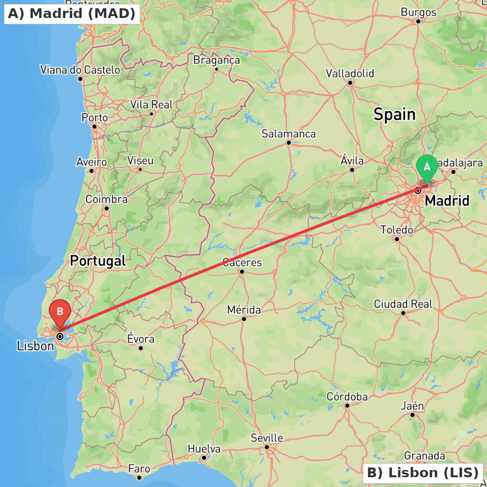 Flight route map from Madrid to Lisbon