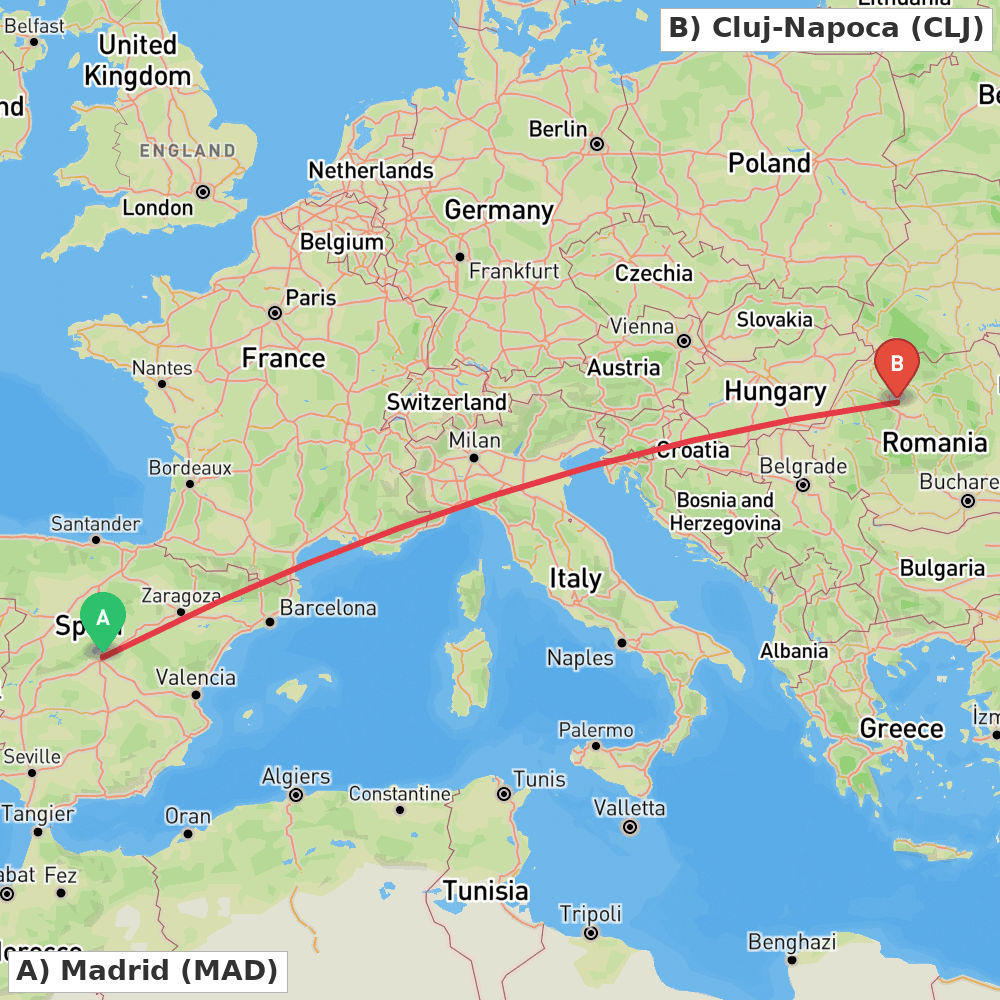 Flight route map from Madrid to Cluj-Napoca