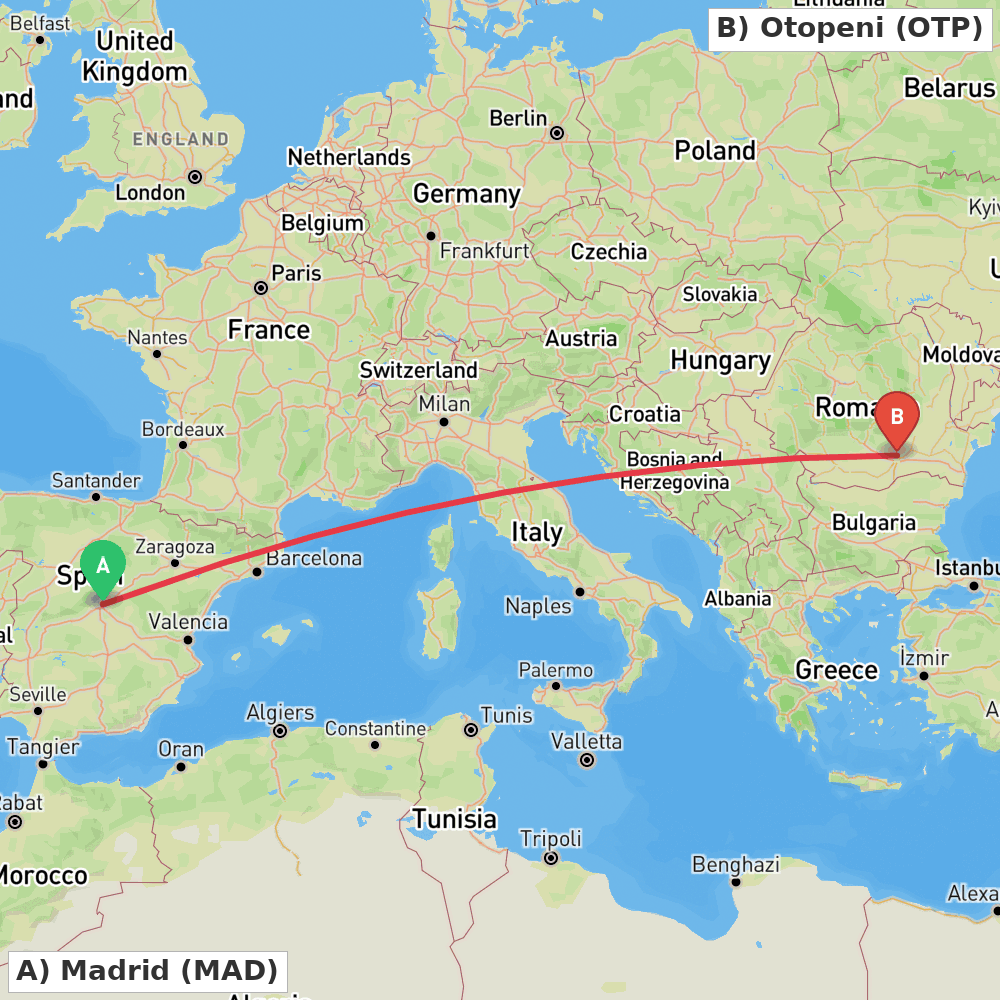 Flight route map from Madrid to Otopeni