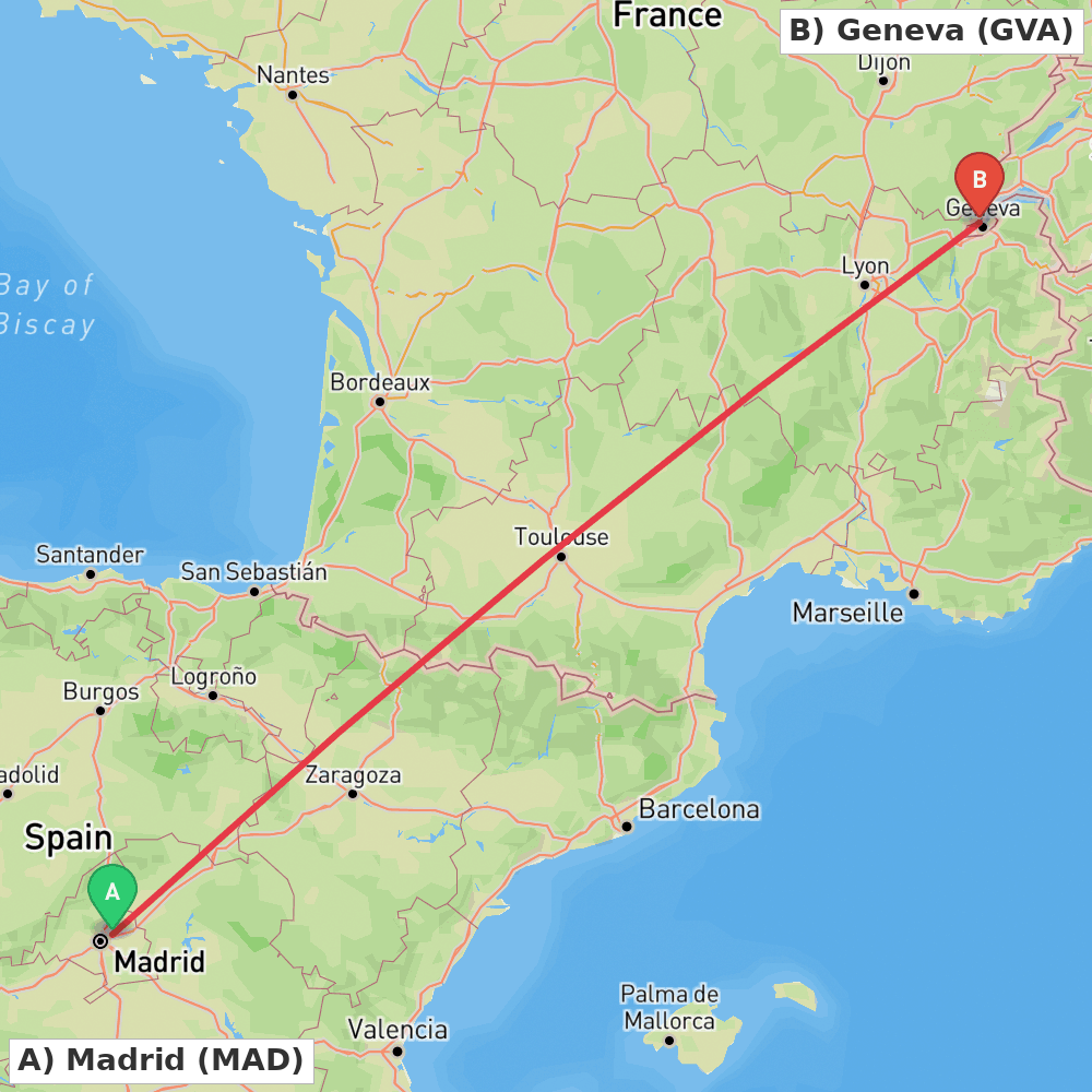Flight route map from Madrid to Geneva